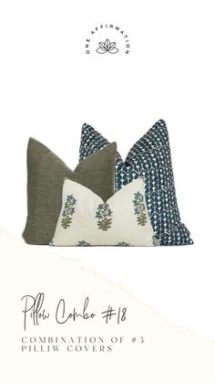 three pillows with blue and white designs on them