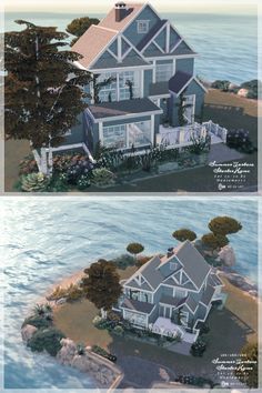 two different views of the same house from above and below, each with an ocean view