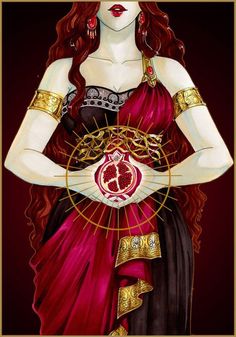 a painting of a woman with red hair holding a circle around her waist and wearing gold jewelry