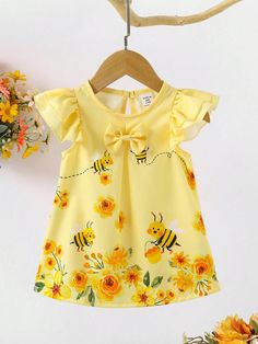 Baby Girl Cute Bee & Flower Pattern Double-Layered Ruffle Sleeve A-Line Dress For Summer Yellow   Short Sleeve Woven Fabric Floral,Plants Tunic Slight Stretch Spring/Summer Baby Girls Clothing, size features are:Bust: ,Length: ,Sleeve Length: Bee Flower, Summer Yellow, Bee On Flower, Dress For Summer, Yellow Shorts, Fabric Floral, Flutter Sleeve Dress, Summer Baby