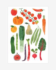 an illustration of vegetables and fruits on a white background, with watercolor pencils