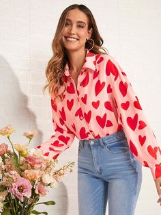 Heart Print Blouse, Print Shirts Women, Rosa Coral, Drop Shoulder Shirt, Heart Blouse, Heart Clothes, Fabric Heart, Casual Long Sleeve Shirts, Heart Shirt