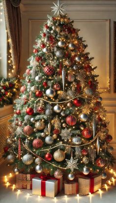 a decorated christmas tree with presents under it