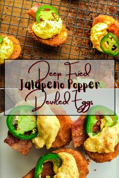 jalapeno popper deviled eggs on top of bread with peppers and cheese