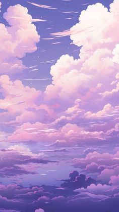 the sky is filled with purple clouds and stars in the night, as if it were from an anime