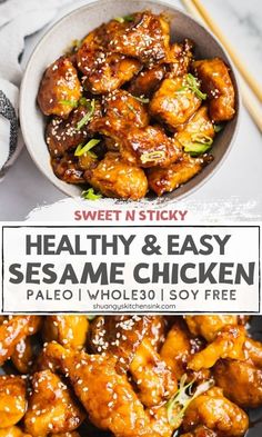 sweet and sticky healthy sesame chicken in a bowl with chopsticks on the side