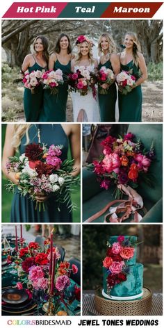 a collage of photos showing different bridesmaid bouquets and their wedding colors