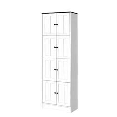 a tall white cabinet with four doors on the front and two drawers on the back