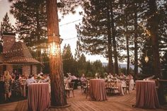 a group of people sitting at tables on a deck in front of some pine trees