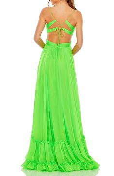 Frothy ruffles float at the hem of this vivid maxi designed with a ruched bodice and a strappy cutout back. 61" length Hidden back-zip closure; adjustable back tie closure V-neck Spaghetti straps Lined 100% polyester Spot clean Imported Lime Green Prom Dresses, Champagne Formal Dresses, Tiered Gown, Modest Formal Dresses, Light Blue Prom Dress, Red Sequin Dress, Navy Blue Bridesmaid Dresses, Formal Dresses With Sleeves, Long Formal Dress