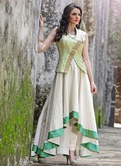 Cream Indowestern party wear salwar kameez for ladies sangeet Designer Gown, Gaun Fashion, Pakistani Wedding Outfits, Salwar Kameez Online, Sleeves Designs For Dresses