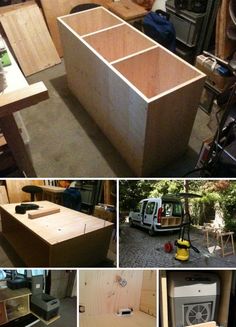 several pictures of different types of furniture being built in a garage or workshop, including cabinets and drawers