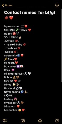 an iphone screen with the text contact names for bljf on it and hearts