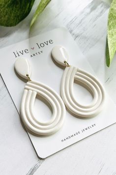 Elegant White Dangle Earrings | Polymer Clay Earrings | 18k Gold Plated or Stainless Steel Posts Elegant Polymer Clay Jewelry, Earrings White, Polymer Clay Earrings Elegant, Cool Polymer Clay Earrings, Fancy Clay Earrings, Clay Ideas Earrings, Classy Clay Earrings, Polymer Clay Earring Tutorial