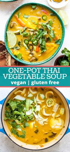 one pot thai vegetable soup is shown in three different bowls, with the title above it