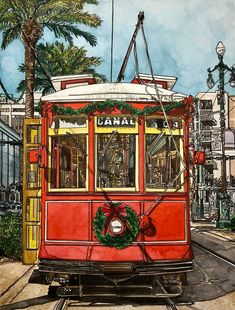 a painting of a red trolley car with wreaths on the front and palm trees in the background