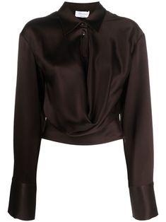 chocolate brown stretch-design satin finish draped detailing pointed flat collar front button fastening buttoned-cuff sleeves cropped Court Outfit, Satin Shirts, Winter Capsule Wardrobe, Brown Satin, Model Outfits, Cropped Shirt, Satin Shirt, Elegant Shirt, Fashion Design Clothes