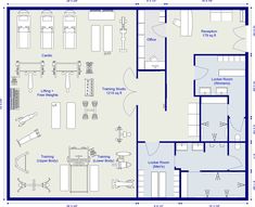 the floor plan for a home gym with two separate areas and one large room that is divided