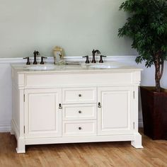 a bathroom vanity with two sinks and a potted plant on the floor next to it