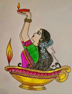 a drawing of a woman sitting in a bowl with a candle on her hand and the words happy diwal written below