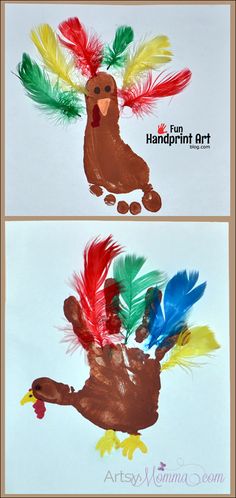 two pictures of different colored feathers and one has a turkey on it with the words, using feathers fun handprint art