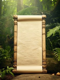 an old paper scroll is sitting in the middle of a jungle