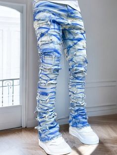 Men's Fashionable Creative Fringe Tie-Dye Streetwear Jeans Medium Wash    Denim All Over Print Straight Leg Non-Stretch  Men Clothing, size features are:Bust: ,Length: ,Sleeve Length: Crazy Jeans, Short Sleeve Denim Shirt, Printed Denim Jeans, Denim Streetwear, Fringe Jeans, Stile Hip Hop, Grey Colour Suit, Fleece Tights, Streetwear Jeans