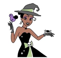 a woman wearing a witches hat and holding a spider in her hand with a skull on it