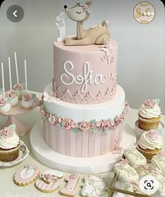 a pink and white baby shower cake surrounded by cupcakes