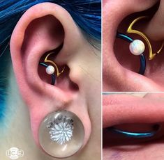 two pictures of the inside of an ear with different piercings on each one side