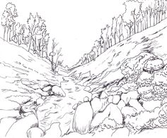 a black and white drawing of a mountain stream