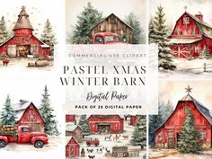 four pictures of red barn with christmas trees and farm animals in the snow, one is painted on watercolor paper