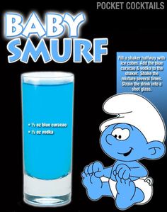 the smurf is next to a glass of blue liquid with information about it