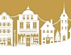 the silhouettes of buildings and trees are shown in this graphic art piece, which is part of marks & spencer's christmas decorations