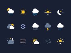 the weather icon set is shown on a dark background