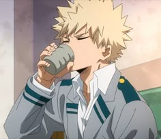 an anime character drinking from a cup with his hand on the side of his face