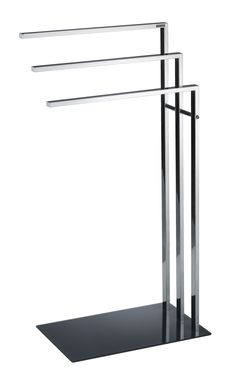 a metal and glass stand with three bars on it's sides, against a white background