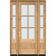 a wooden door with glass panels on the front and side doors, both in light wood