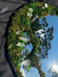 a circular mirror with moss growing on the surface and rocks embedded in it, sitting on top of a black cloth