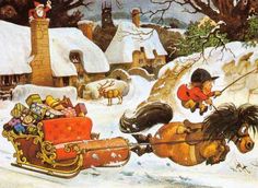 a painting of children riding in a sleigh pulled by horses through the snow