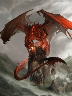 a red dragon is sitting on top of a rock with its wings spread wide open