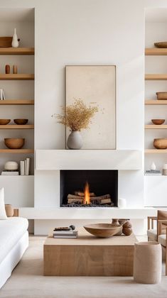 a living room with a fire place in the center and shelves on both sides filled with books