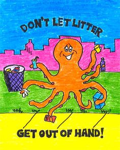 an orange octopus is standing in front of a trash can and the words don't let