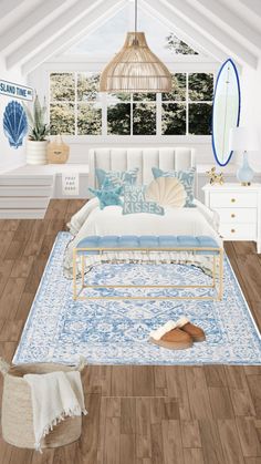 a white bed sitting in a bedroom next to a blue and white rug on top of a hard wood floor