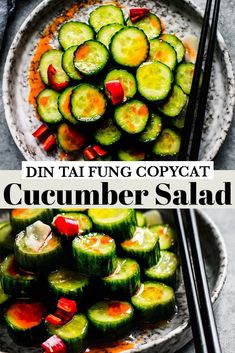 cucumber salad on a plate with chopsticks