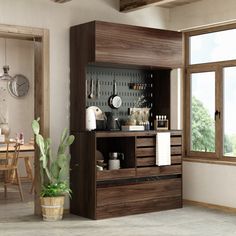 This 47.2"W Kitchen Pantry Cabinet, also functioning as a kitchen hutch sideboard and buffet cabinet, is designed with a rustic brown wood grain finish, offering both style and storage. Measuring 78.7" in height, 47.2" in width, and 18.7" in depth, the unit features a spacious top storage cabinet that opens and closes smoothly with hydraulic rods. The middle section is equipped with a sturdy metal pegboard back, providing versatile organization for kitchenware, while the large worktop offers amp Unfitted Kitchen, Modern Kitchen Storage, Pantry Storage Cabinet, Kitchen Pantry Storage, Kitchen Pantry Cabinets, Pantry Cabinet, Pantry Storage, Modern Storage, Under Cabinet Lighting