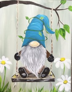 a painting of a gnome sitting on a swing with daisies in the foreground