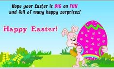 a happy easter card with an image of a bunny holding a basket and the words hope your easter is big on fun and full of many happy surprises