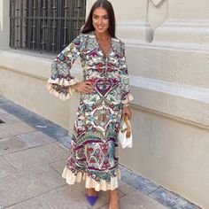 Midi Dress With Tied V-Neckline. Long Sleeves. Contrasting Ruffle Detail. 100% Polyester Multicolored 7832/016 #Fi Multicolor V-neck Boho Dress, Elegant Boho Dress With V-neck And Boho Print, Elegant V-neck Boho Dress With Print, Elegant V-neck Boho Dress With Boho Print, V-neck Midi Dress With Boho Print For Brunch, Multicolor V-neck Boho Dress For Brunch, Bohemian Midi Length V-neck Dress For Brunch, Zara Bohemian Dress For Brunch, Zara Multicolor V-neck Midi Dress