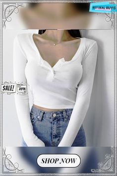 Screw Thread Crop Top Women T Shirt Spring Long Sleeve Cotton Tshirt Korean Clothes Slim Button Tee Shirt Camisetas Mujer White V-neck T-shirt With Button Closure, Henley Neckline T-shirt With Buttons For Spring, Trendy V-neck Top With Buttons, Henley Neckline Button T-shirt For Spring, Henley Neckline Buttoned T-shirt For Spring, Trendy Spring T-shirt With Buttons, Trendy Spring Tops With Henley Neckline, Trendy Spring Top With Henley Neckline, Spring Trendy Tops With Henley Neckline